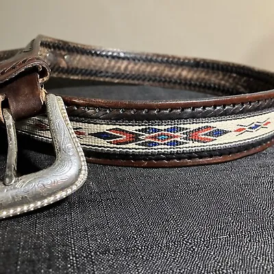 Vtg Nocona Mens 36 Leather Belt Silver Buckle Western Braided With Silver Accent • $39.95