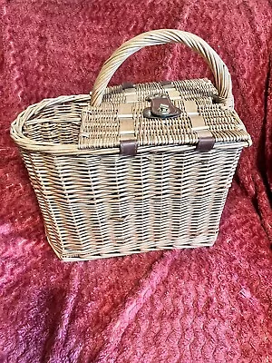 Vintage WICKER PICNIC BASKET Leather Straps With Brass Buckles 14  X 13” X 9” • $20