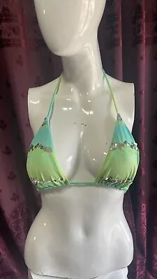 Victoria’s Secret Green & Blue Sequin Triangle String Bikini Top Size Large • $9.98