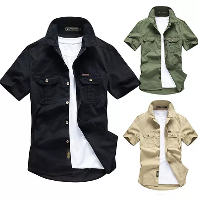 Men Short Sleeve Shirts Military Army Tactical Casual Shirt Outdoor Work Shirt • £14.99