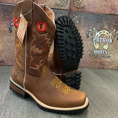 Men's Brown Boots Western Cowboy Square Toe Crazy Leather Tractor Sole • $79.99