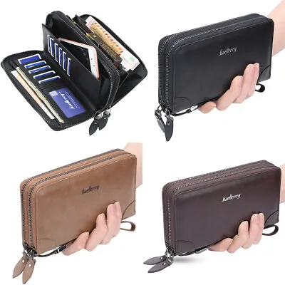 Mens Large Double Zipper Wallet Business Checkbook Handbag With Wristlet Strap • $12.46