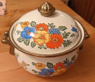 Vintage Enamelware Dutch Oven Pot With Lid Brass Handles Floral  • $13.99