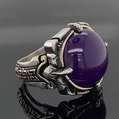 Silver Men Jade Stone Ring  Purple Jade Stone Ring  Greek Style Ring • £67.56