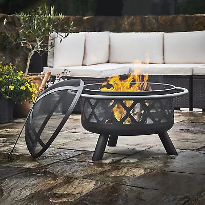 Wood Burning Fire Pit Large 30 Inch Round Garden Patio Heater Firepit Steel • $119.99