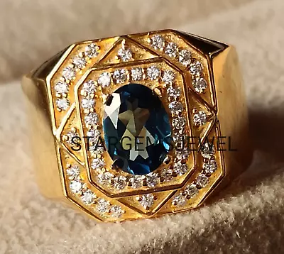 14K Solid Yellow Gold Natural Blue Topaz Men Ring Mens Jewelry Hand Made Ring. • $510