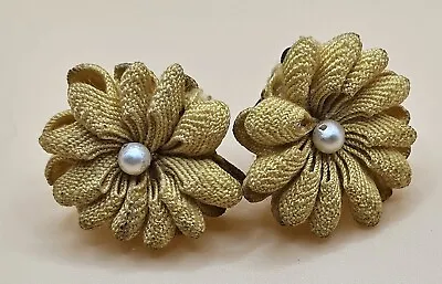 Vintage Earrings Yellow Flowers Made From Fabric Pearl In Center Fun!! Clip On • $8.99