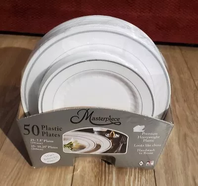 50 WNA Masterpiece Plastic Plates White Silver Accent  Round 25 Of 10.25  & 7.5  • $33