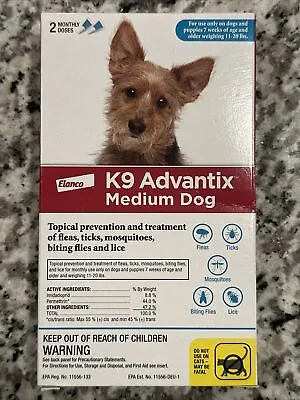 Dog Flea And Tick Killer | Elanco K9 Advantix | Medium Dogs 11-20 LBS ~ 2  Doses • $16.99