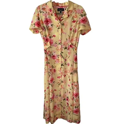 Miss Dorby Vintage Soft YellowFloral Button Down V-Neck Short Sleeve Dress Sz 8 • $25.60