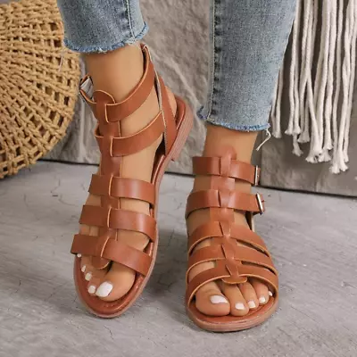 Women Sandals Holiday Flats Heels Gladiator Summer Zip Buckle Shoes Roman Walks • $37.35