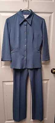 VERTIGO FRANCE  GUN-METAL  BLUE FITTED PANT SUIT SNAP CLOSURE GOLD ACCENTS Sz 6 • $39.94