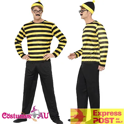 Adult Where's Wally Costume Mens Odlaw Yellow Wheres Waldo Fancy Dress Book Week • $39.99