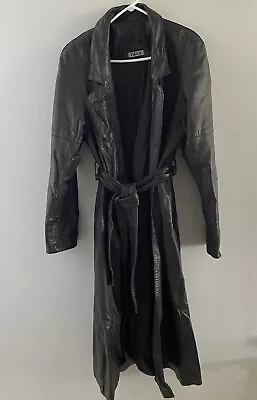 Vintage Tibor Leather Trench Coat Womens Large Black Retro Belted Open Oversize • $62.58