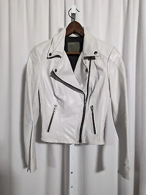 Muubaa White Rockstar Goat Leather Motorcycle Jacket Size 4 • $109.99