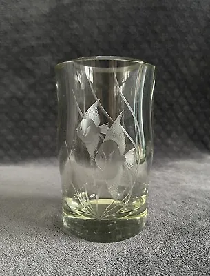 Vintage Strombergshyttan Swedish Engraved Fish Scene Thick Art Glass Vase • $35