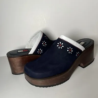 Vtg Tommy Hilfiger Platform Clog 9.5 Blue Suede Leather Y2K Chunky Wood 90s • $44.91