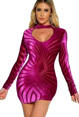 K Too Womens Bodycon Dress Magenta Purple Velvet Mesh Mini Exposed Zip Choker S • $13.98