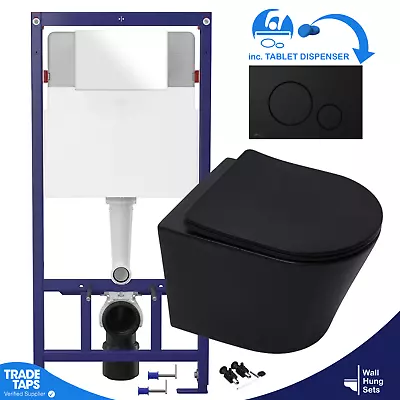 Matt Black Rimless Wall Hung Toilet & 1.12m Concealed WC Cistern Frame Plate Set • £115.95