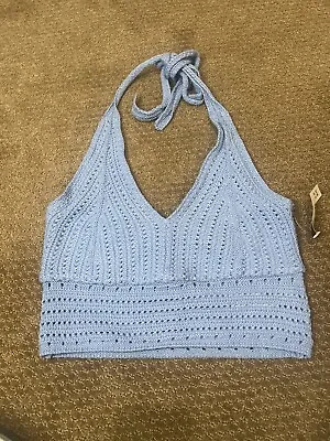 NWT HOLLISTER Crochet Knitted Halter Top Womens Size LARGE Baby Blue • $37.27