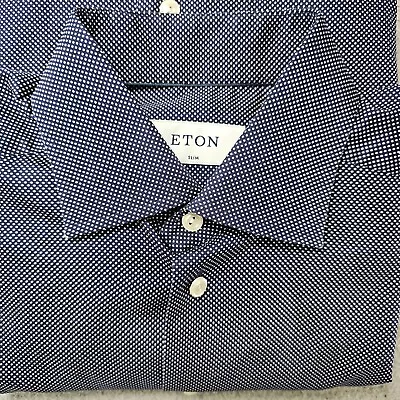 Eton Dress Shirt Mens 15.5 39 Slim Navy White Polka Dot Signature Twill Cotton • $49.89