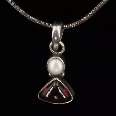 VTG Sterling Silver - INDIA Freshwater Pearl & Garnet Pendant 18  Necklace - 5g • $9.57