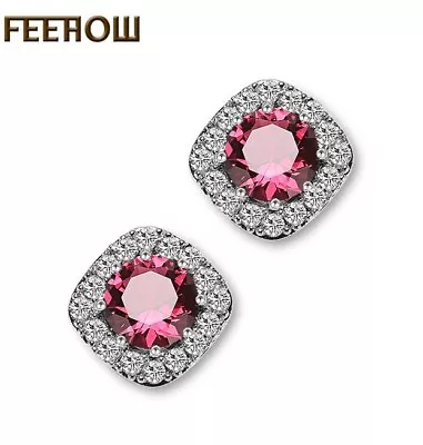 New Rhodium Plated Silver Square Micropave Crystal CZ Stud Earrings Gift Box P25 • $9.95