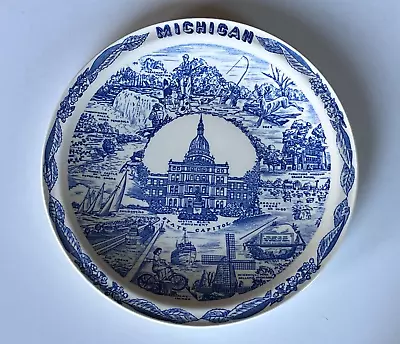 Vernon Kilns Collectors State Plate ~ MICHIGAN ~ 10 1/2  ~ Blue ~ VG ~ GORGEOUS! • $20