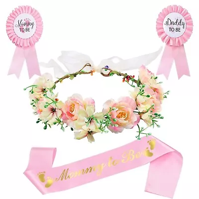 Floral Headband Baby Shower Badges And Sash Mom To Be Mommy Dad To Be • £7.29