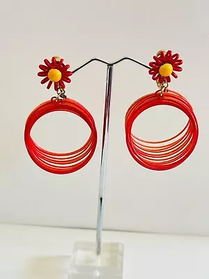 Vendome Signed Earrings VTG Flower Hoop Clip Rare Dangle Statement Enamel 1960s • $35