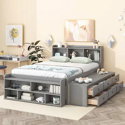 Wooden Full Size Bed Frame With Bookcase Storage Headboard And Drawers/Case Gray • $579.99