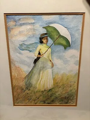 Framed Watercolor Victorian Woman With Umbrella Signed 10 X 13 Monet Replica • $32.84