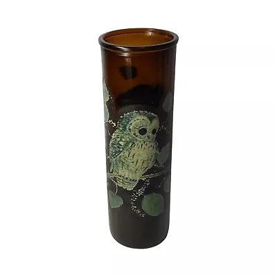 MCM Vintage Brown Glass Candle Jar Holder Tall Owl Design Decal Decor • $16.95