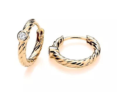 9ct Yellow Gold On Silver Sparkling CZ Solitaire Twisted Huggie Hoop Earrings • £14.95