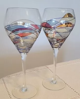 Wine Glasses Set Of 2 Unique Hand Painted Mosaic Multi Colored Used Excellent  • £19.28