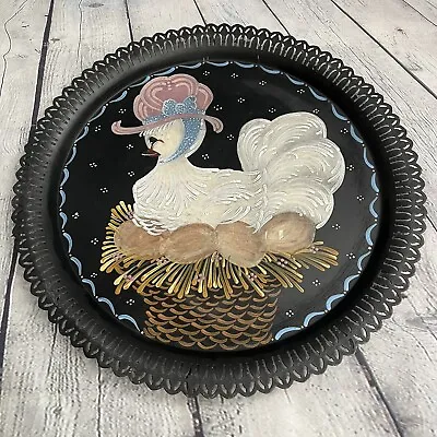 Vtg Chicken Hen Laying Eggs Hand Painted Metal Tray Enamel Paint Folk Art 15  • $15