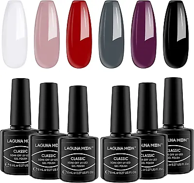 LagunaMoon™ Gel Nail Polish Set - 6 Colours Red Purple Grey Black White Pink Kit • £16.41