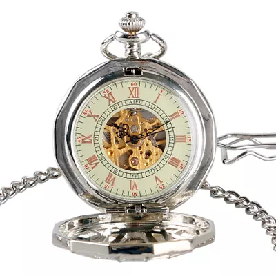 Mens Hand-winding Mechanical Pocket Watch With Chain Skeleton Dial Silver Tone • £20.39