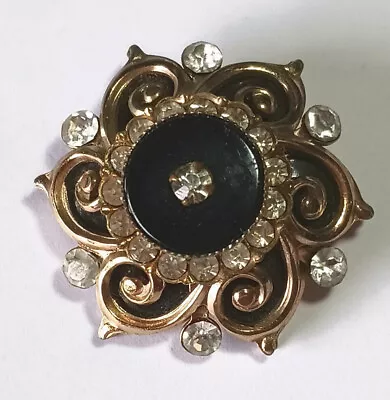 Vintage Domed Gold & Black Sun / Mourning Brooch W Swirls & White Rhinestones • $12.95