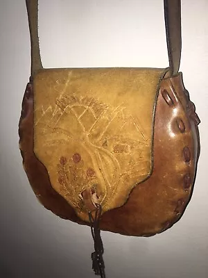 Vintage Tooled Leather Crossbody Purse  Shoulder Bag Art Deco Sunrise Hippy Boho • $56