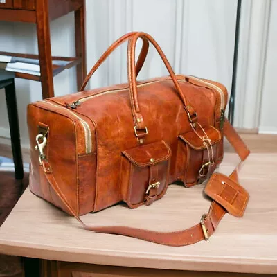 Strong Leather Men Travel Gym Bag Luggage Duffel Genuine Vintage Brown 24  • $59.22