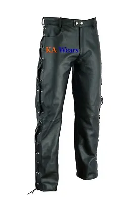 Real Leather Cowhide Motorbike Motorcycle Biker Jeans Trouser Pants Side Laces • £49.99