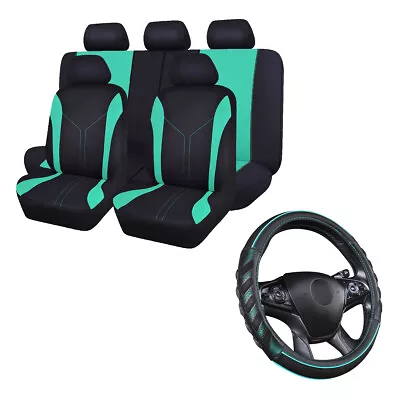 $64.99 • Buy Mesh Car Seat Covers Set Universal Mint Green Black Steering Wheel Cover Leather