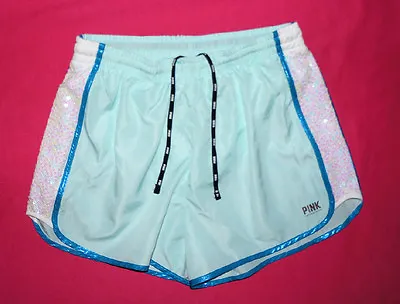 VICTORIA'S SECRET PINK SHORTS Athletic Running Campus Teal Sequin SMALL Extra S • $19.99