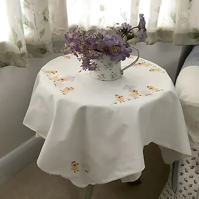 Vintage Easter Tablecloth 32”x 31” Appliqué Embroidery Easter Eggs Chicks White • £16