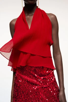 $14 • Buy Zara Red Pleated Open Back Halter Top (Size: Small)