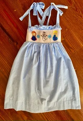 Disney Frozen Smocked Sleeveless Dress Blue Polka Dot Anna Elsa Olaf EUC 6T • $40