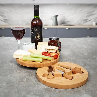 Cheese Board Serving Tray Set With 3 Cheese Knives Wooden Round Serving Board • £14.99