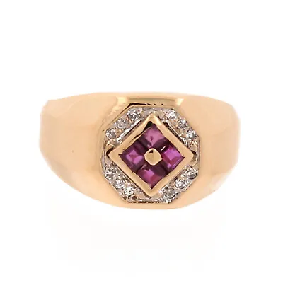 Men's Ruby Diamond Signet Ring 14K Yellow Gold 0.55 CTW Size 10.25 Estate • $699.99