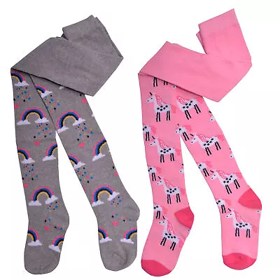 Girls 2 Pack Tights Kids Unicorn Design Rainbow Stripes Cotton Size 1.5-10 Years • £3.99